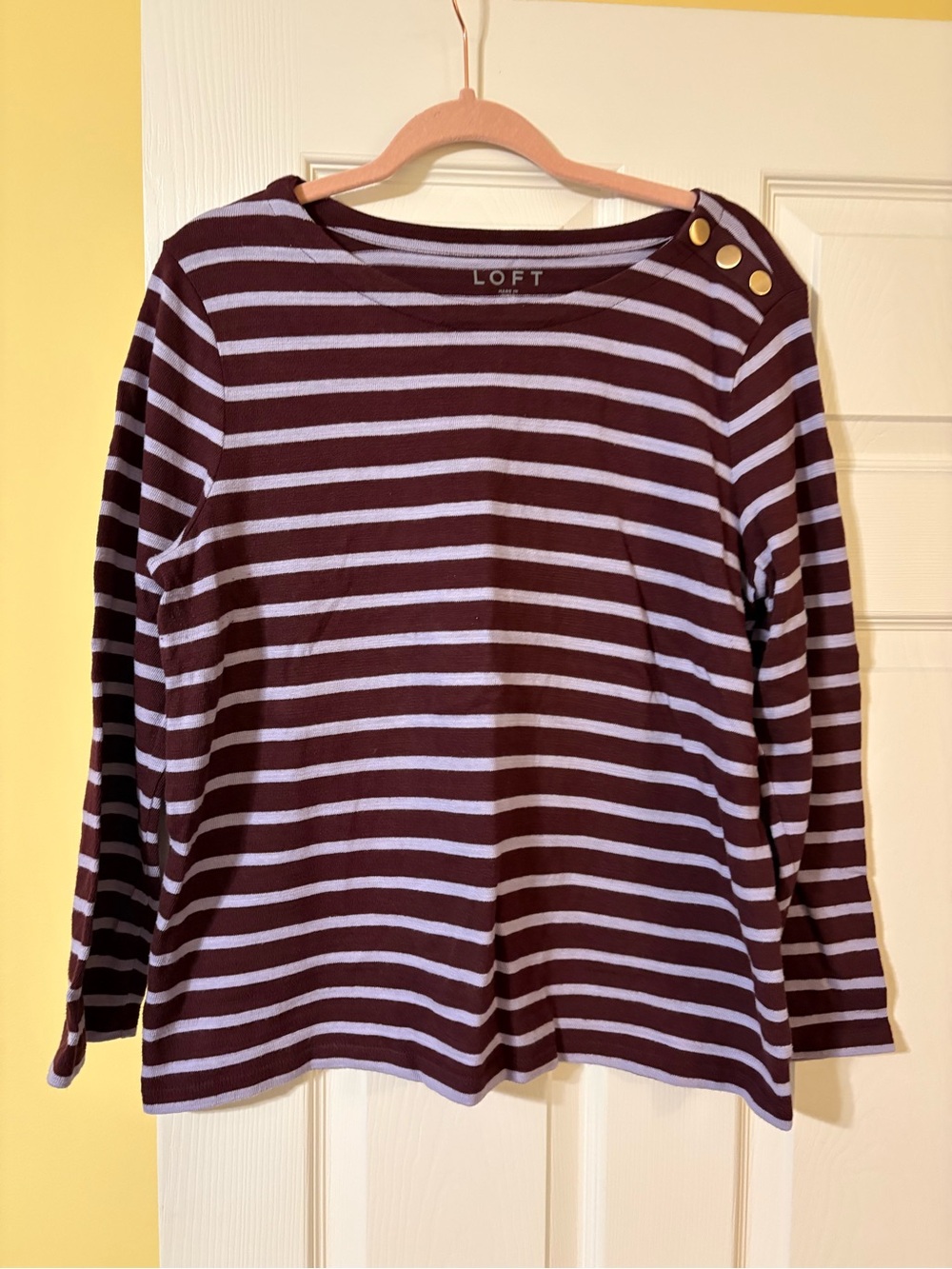 LOFT Plum & White Striped Long-Sleeve Boatneck Top with Shoulder Buttons